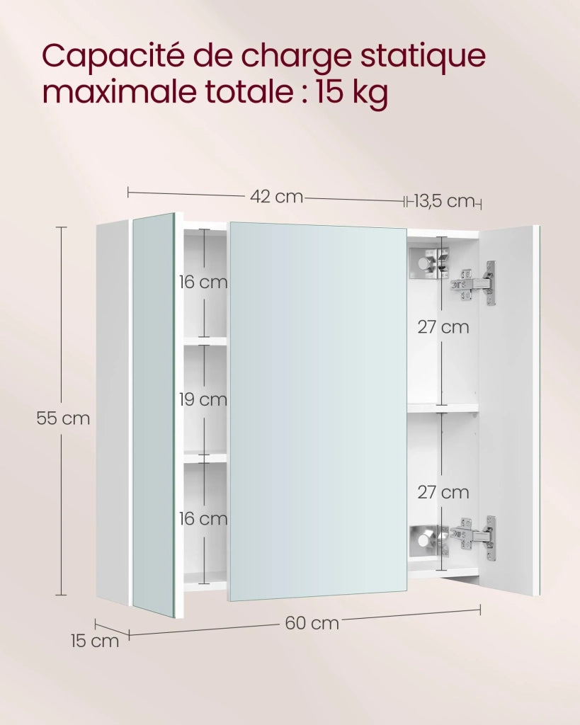 Mobiletto da bagno a muro con specchio mobiletto a 3 ante 60 x 15 x 55 cm con ripiano regolabile bianco moderno 12_0004041