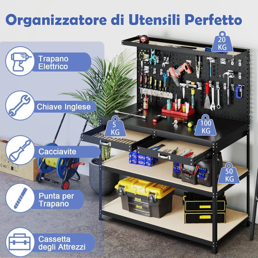 Banco da Lavoro con Piano da 120 x 60 cm, Banco da Lavoro Officina con Pannello Forato e 24 Ganci Porta Attrezzi, Tavolo da Lavoro per Garage con 2 Cassetti e 2 Mensole (Nero)