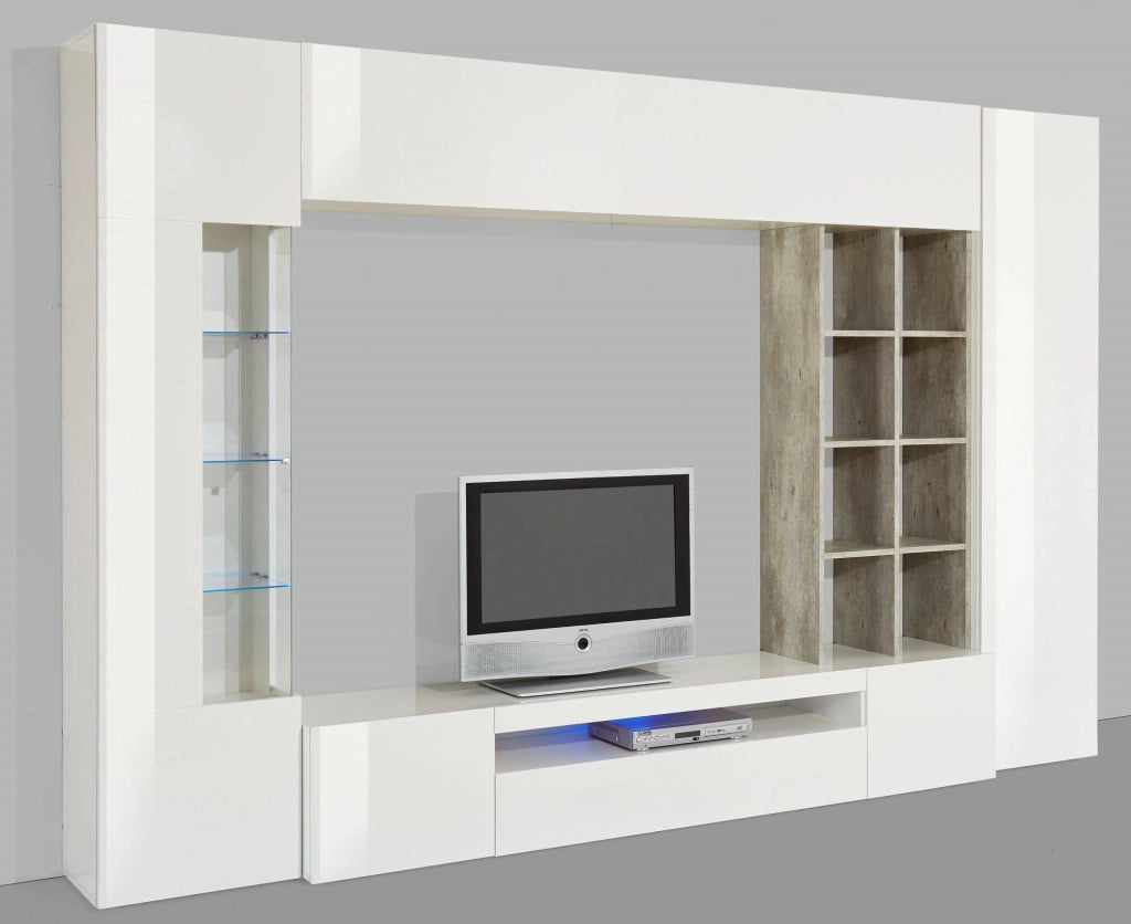 Mobile Soggiorno Andy, Parete Attrezzata 20 Ripiani Made in Italy, 290x40x192h cm Bianco Lucido