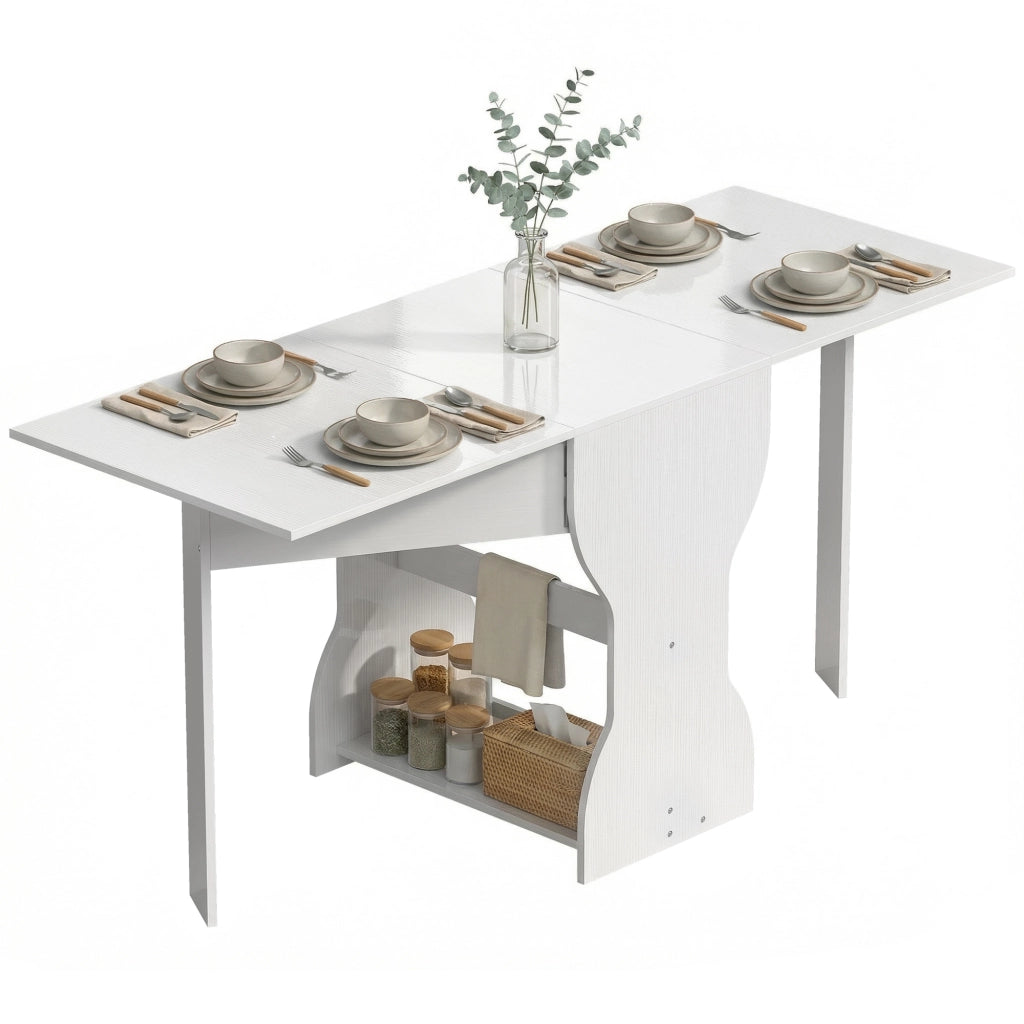 Tavolo da Pranzo Pieghevole per 4 Persone con Ripiano, in Legno, 160x60x75 cm, Bianco