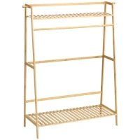 Appendiabiti in Bambù, Design Rialzato a 2 Livelli con Barra e 2 Ganci, 114x40x139 cm