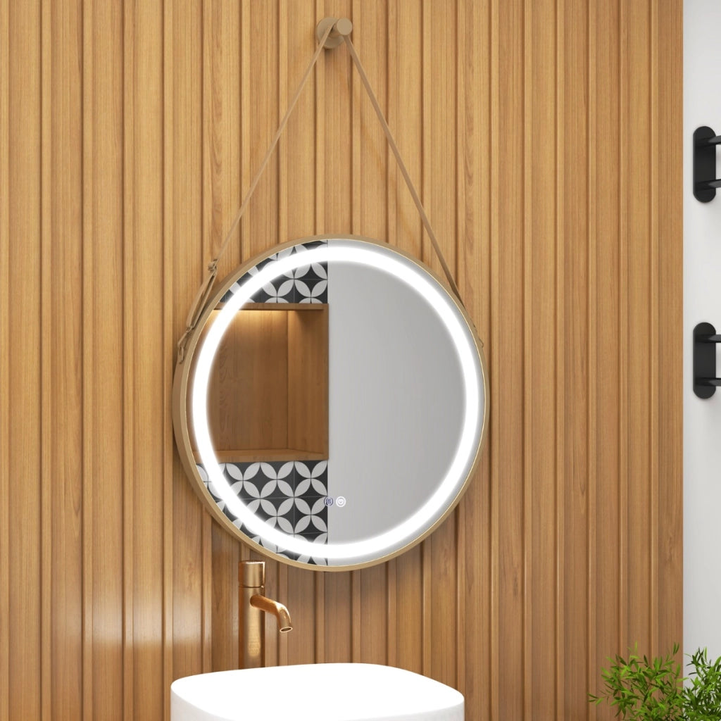 Specchio da bagno antiappannamento con interruttore touch per illuminazione-Specchio con gancio cinghia di sospensione luce led a 3 colori
