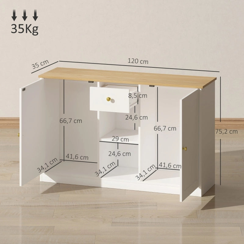 Credenza bianca con cassetto, 2 ante e 2 vani aperti, 120 x 35 x 75,2 cm