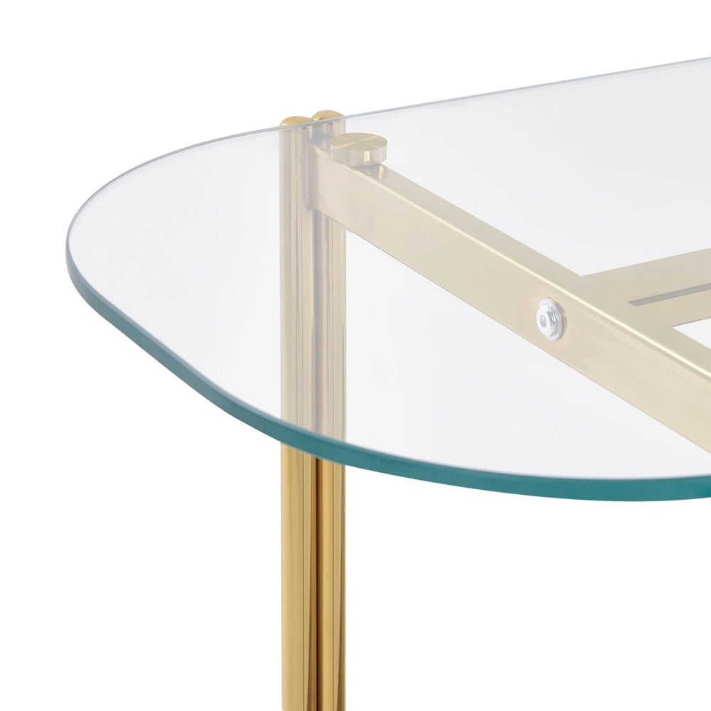 Tavolo console con piano in vetro temperato e struttura in metallo 1 ripiano in legno chiaro e oro stile moderno