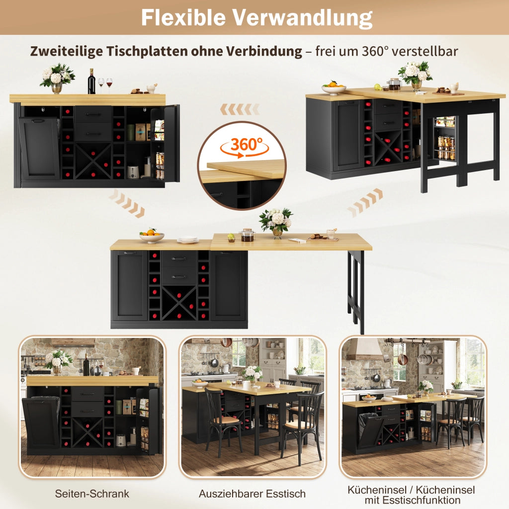 ISOLA DA CUCINA Girevole 120-223 cm in MDF e Metallo Nero