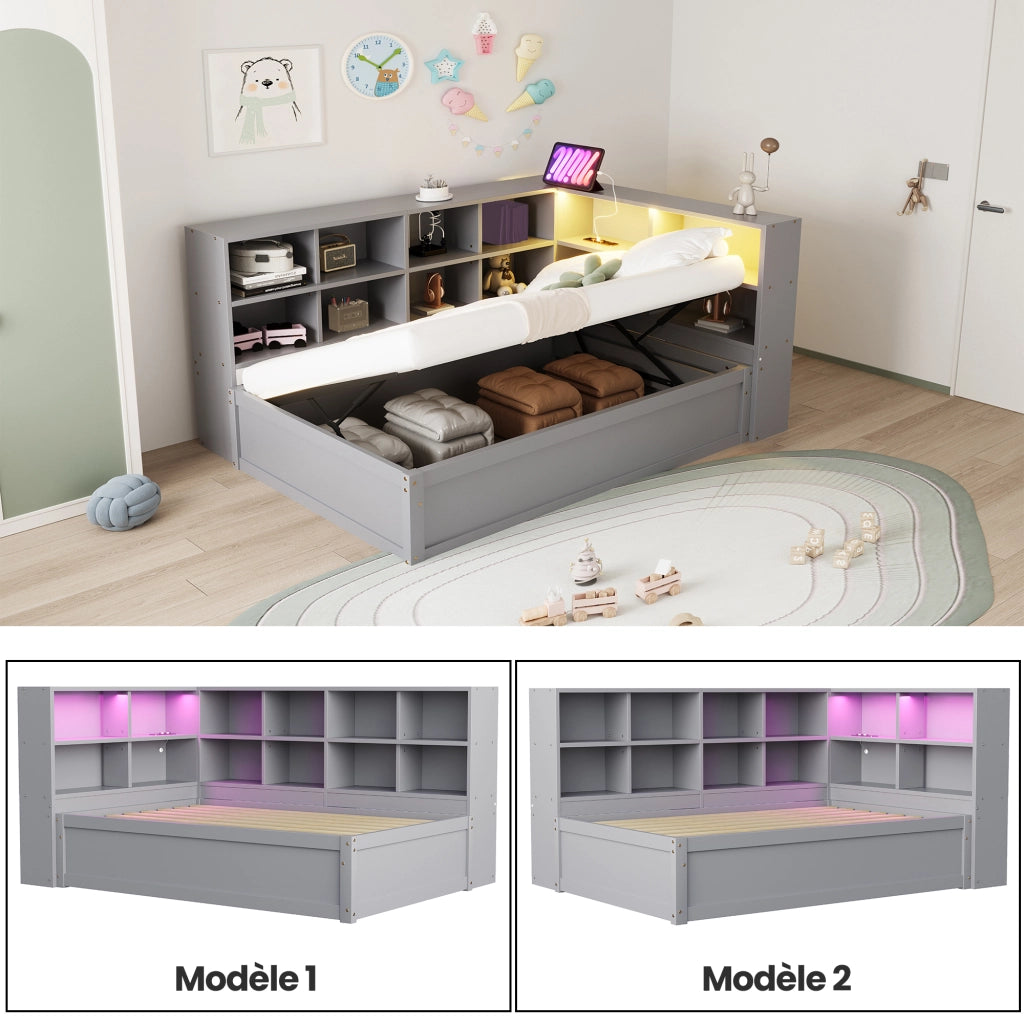 Letto singolo 90×200 cm con prese multifunzione; vani portaoggetti e LED; senza materasso; legno; grigio