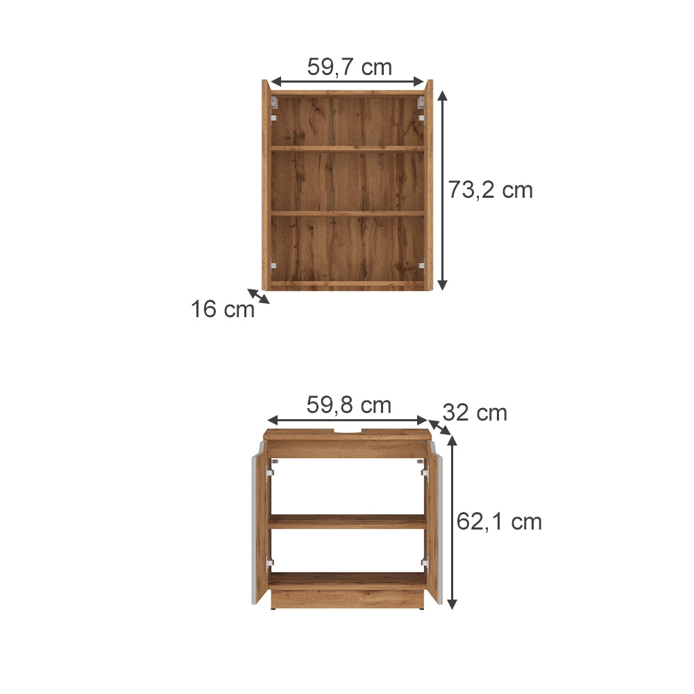 Vicco Set di mobili da bagno Rovere/grigio con struttura in piastrelle 2 parti