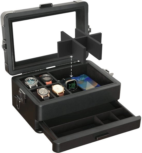 Cassa elegante orologio militare per uomini con 10 compartimenti, vetrata superiore, tavola di servizio modulare, compatibile con Apple Watch - standard Apple Watch - nero