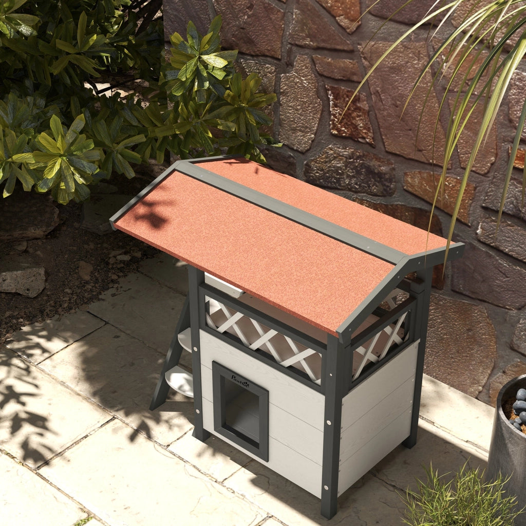 Casetta per Gatti da Esterno con Terrazza e Scaletta 77x50x73 cm in Legno Bianco e Grigio