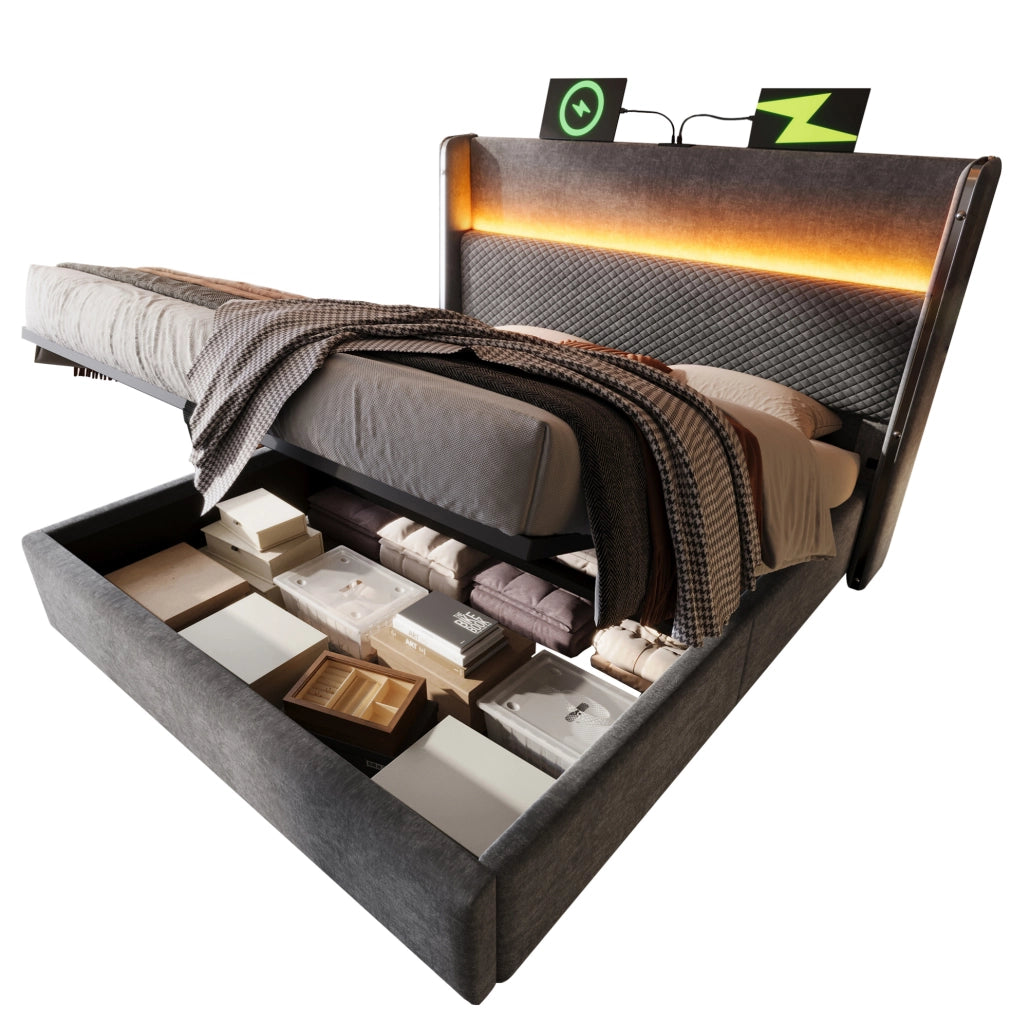Letto matrimoniale con contenitore 180x200 cm in lino grigio con testiera alta; LED e USB/Type-C