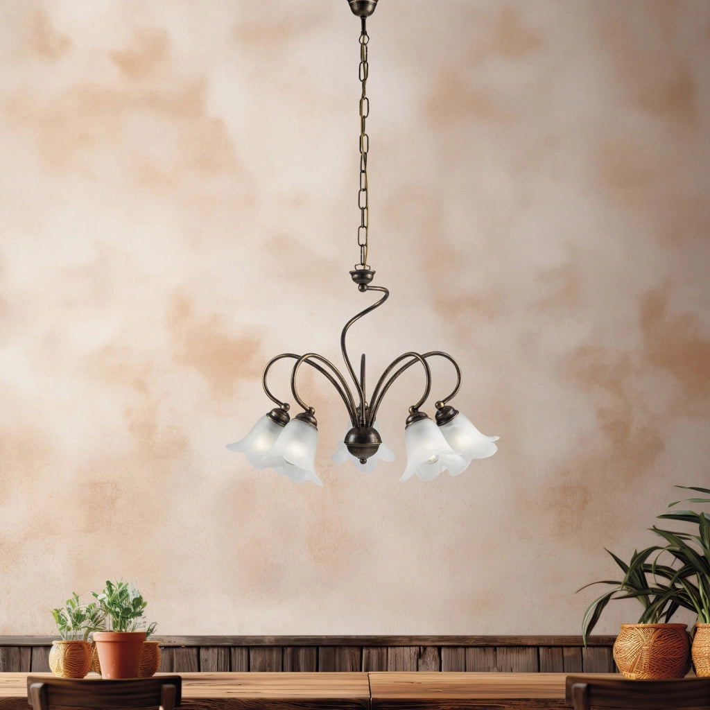 Lampadario 5 Luci Alice Ferro Battuto Marrone E Oro Vetro Bianco