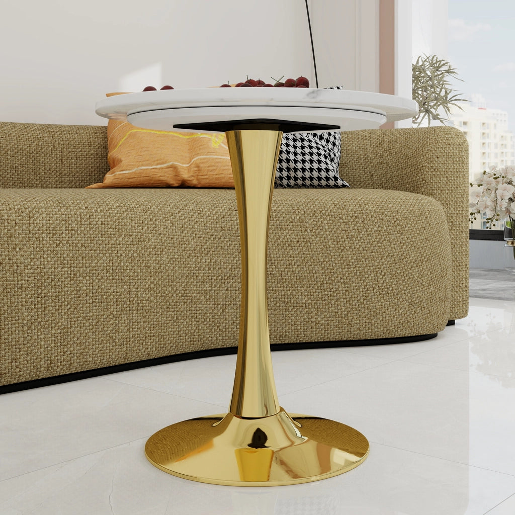 Tavolo da pranzo - rotondo 70 cm - stile mid-century - marmo venato bianco - per 2-4 persone - dorato