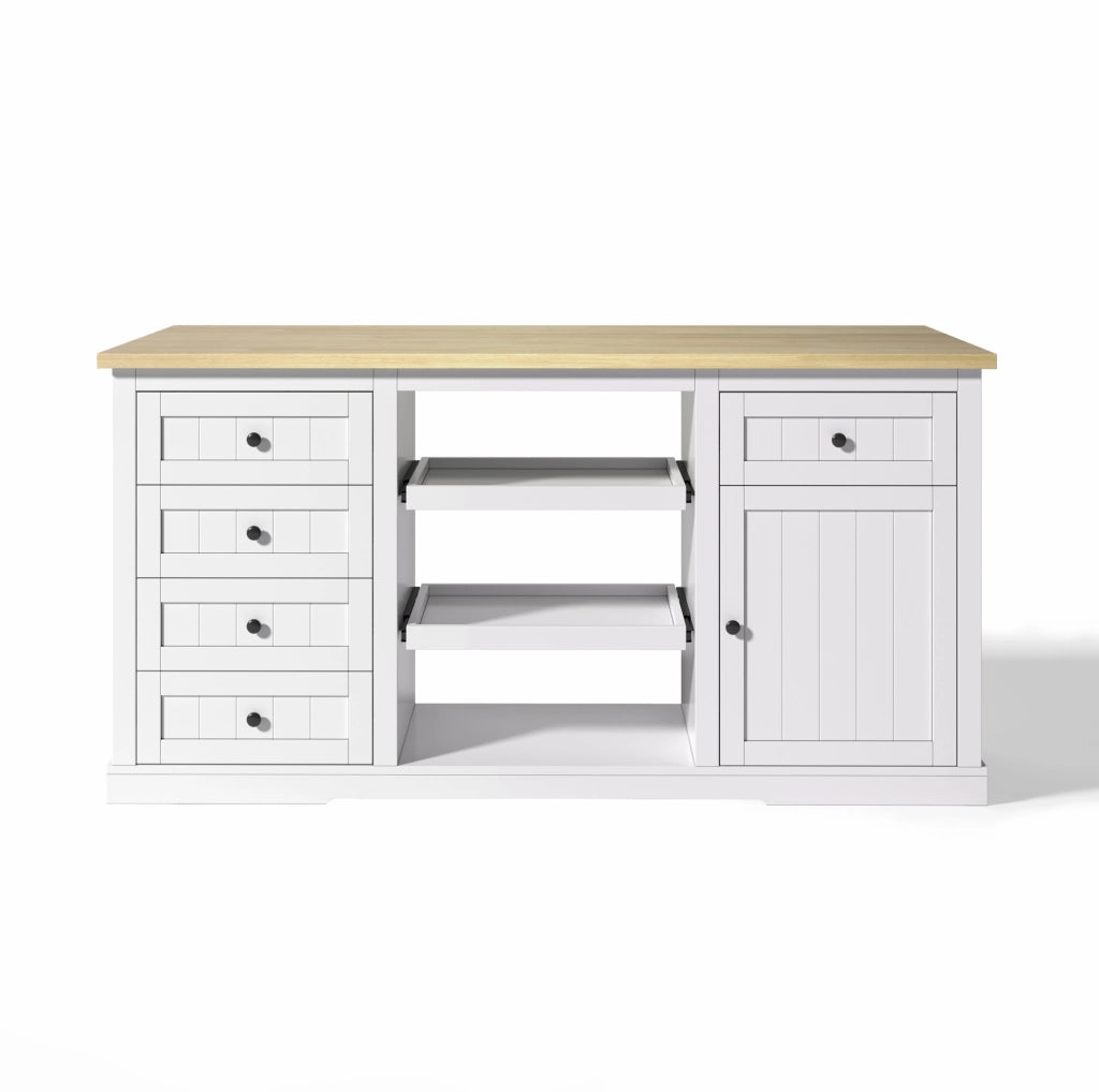 Isola cucina freestanding 150x65x75;5 cm bianco naturale con 5 cassetti e prese