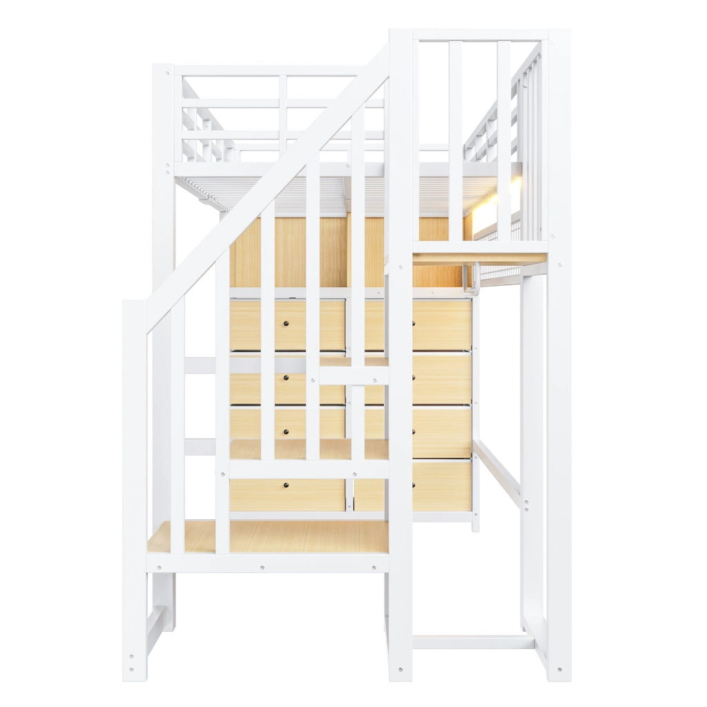 Letto a soppalco 90x200 cm con 8 cassetti e LED in MDF e metallo bianco