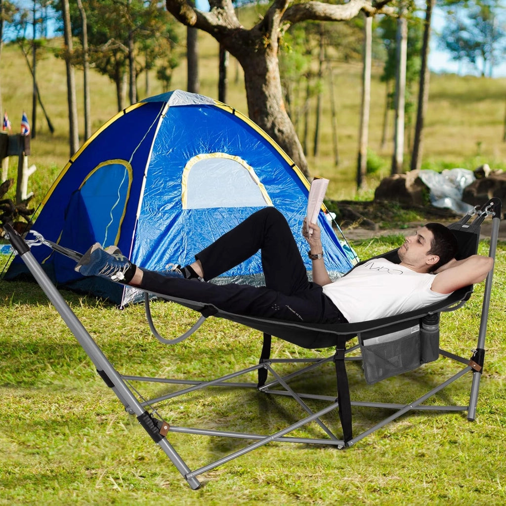 Amaca da giardino con supporto pieghevole in metallo, sedia amaca portatile in tessuto a rete, letto da campeggio con borsa da trasporto, lettino con carico 150 kg, 227 x 82 x 89 cm (Nero)