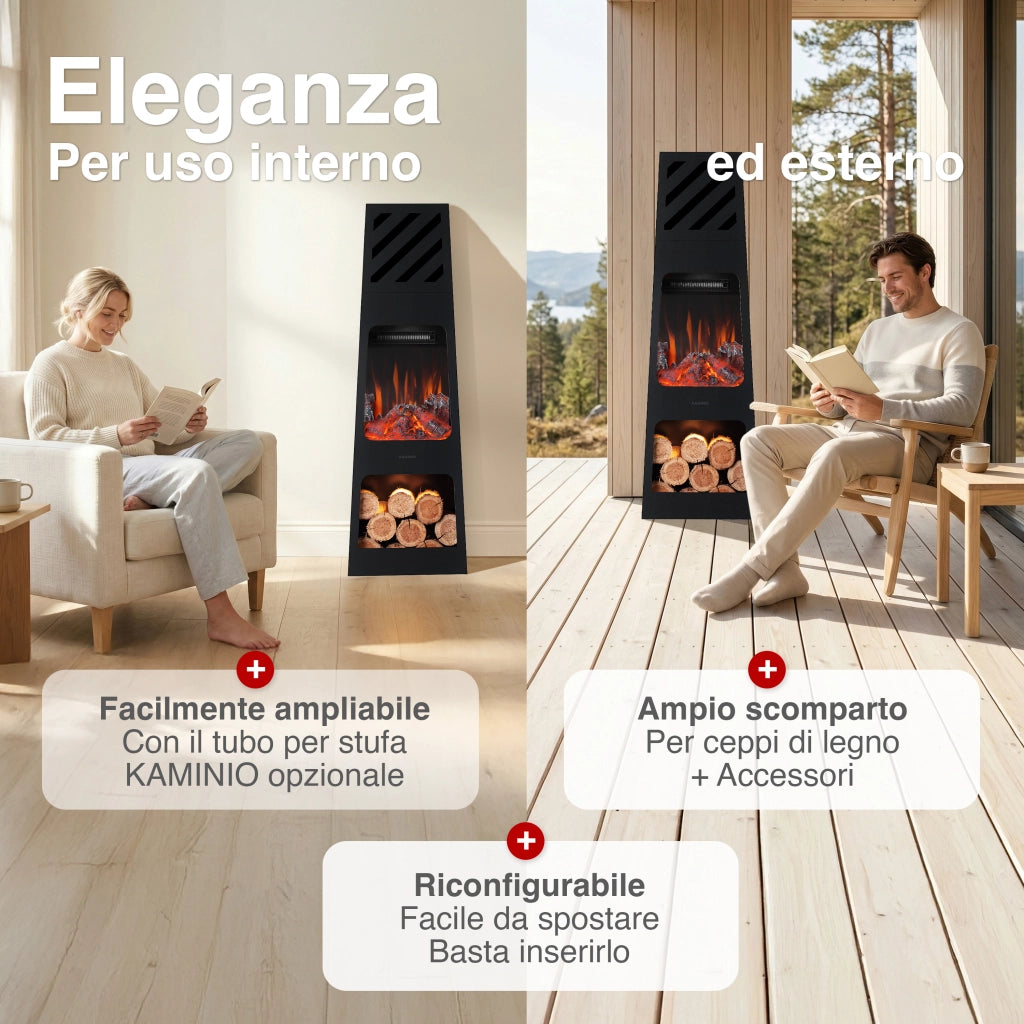 KAMINIO Caminetto elettrico da giardino KAI XL - Stufa de terrazzo  elettrico con riscaldamento, effetto fiamma 3D, luce ambiente a LED, scomparto de legno, telecomando - X-Large, Nero