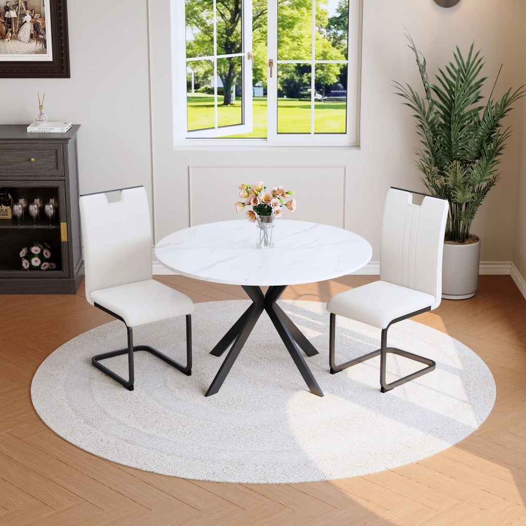 Tavolo da Pranzo Rotondo Effetto Marmo con 2 Sedie ¨C MINIMAL ¨C Bianco, Metallo, Ecopelle