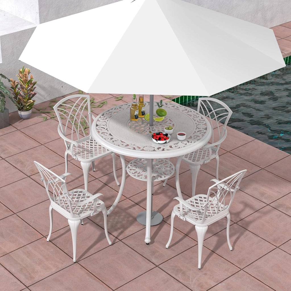 Soggiorno da giardino esterno, tavolo da giardino con sedia in ghisa di alluminio, tavolo da bistrot 5 pezzi per 4 persone, foro dell'ombrellone Dia.5 cm, tavolo rotondo per terrazza, balcone