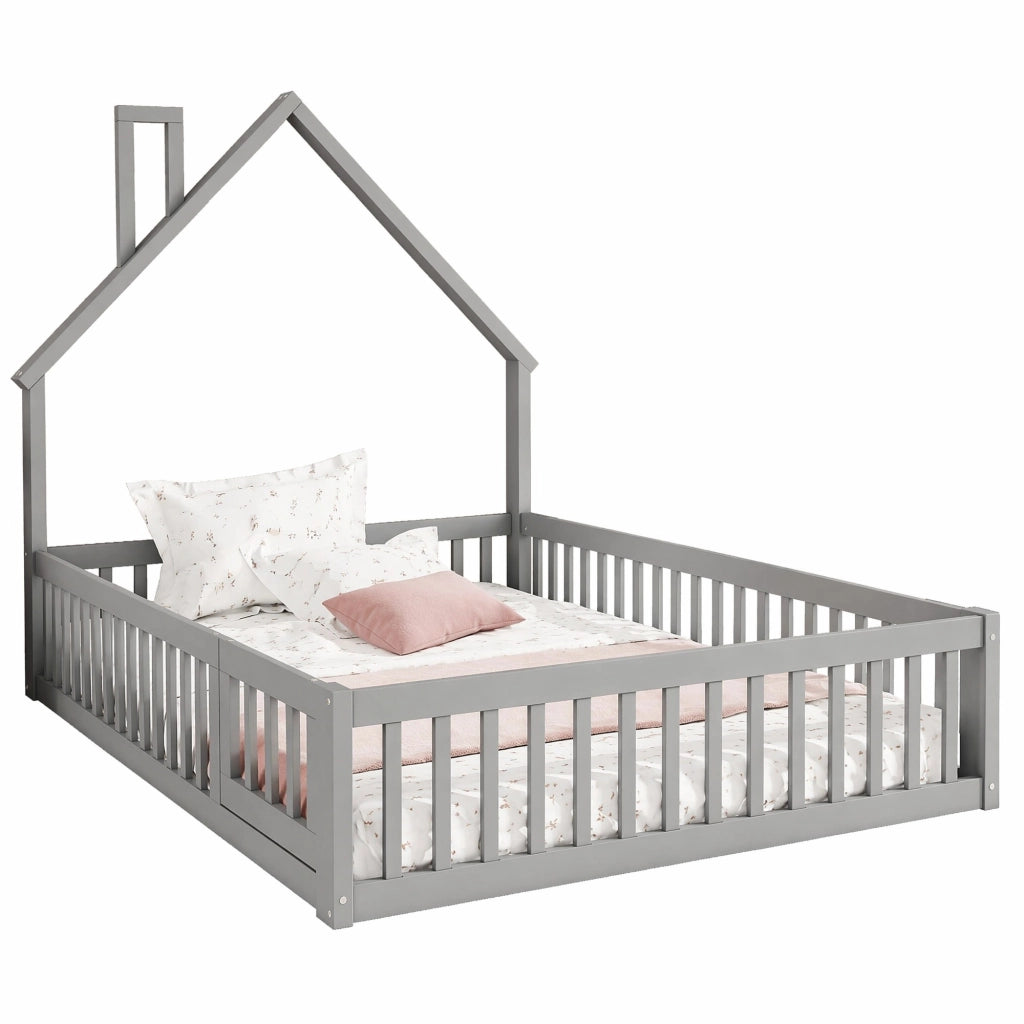 Letto per bambini con forma a camino, 140 x 200 cm, grigio