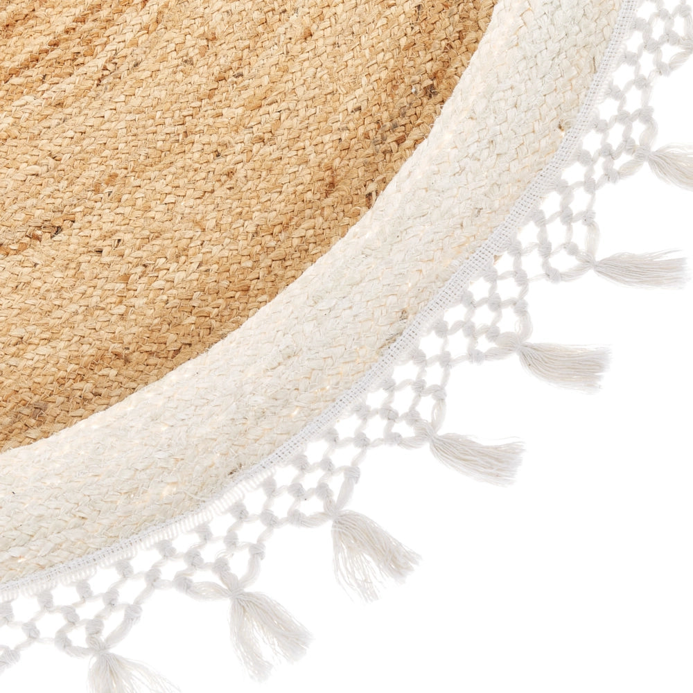 Tappeto Beige e Bianco Rotondo 140 cm Boho Rustico Spirale Intrecciato Fatto a mano Juta Naturale Camera da letto Soggiorno