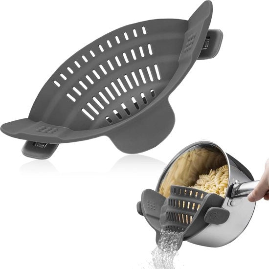 Clip-On Zeef a Silicone, Zeef a Silicone, Portioneer per Spaghetti, Aiuto Cucina senza BPA per lo scolamento di pasta, carne, verdure e frutta in pentole, padelle e ciotole (grigio)