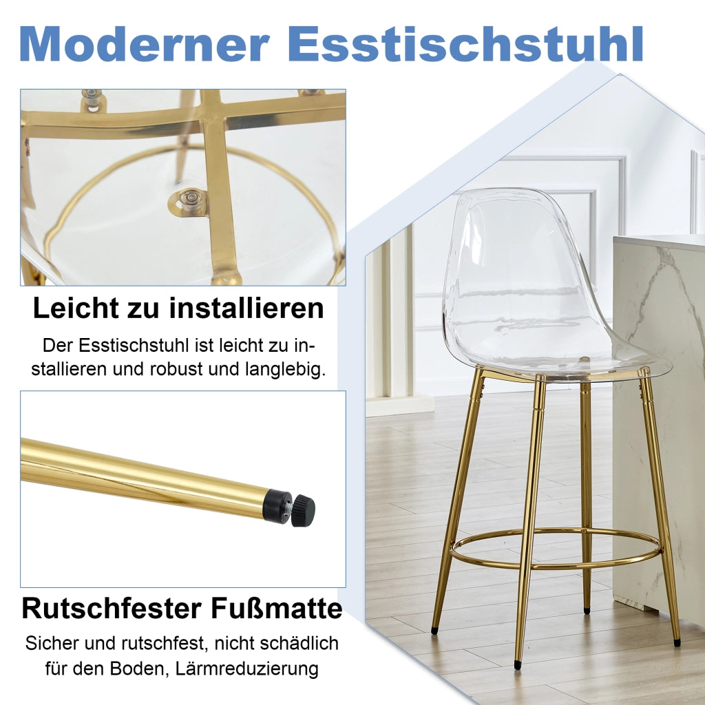 Set di 2 sgabelli da bar con schienale ergonomico e poggiapiedi in plastica trasparente e metallo dorato