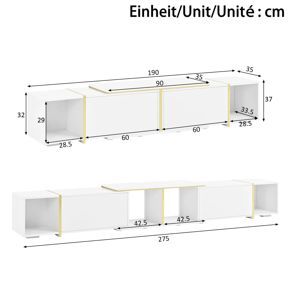 TV lowboard estensibile con fronti lucide; 275 cm; pannello truciolare; bianco
