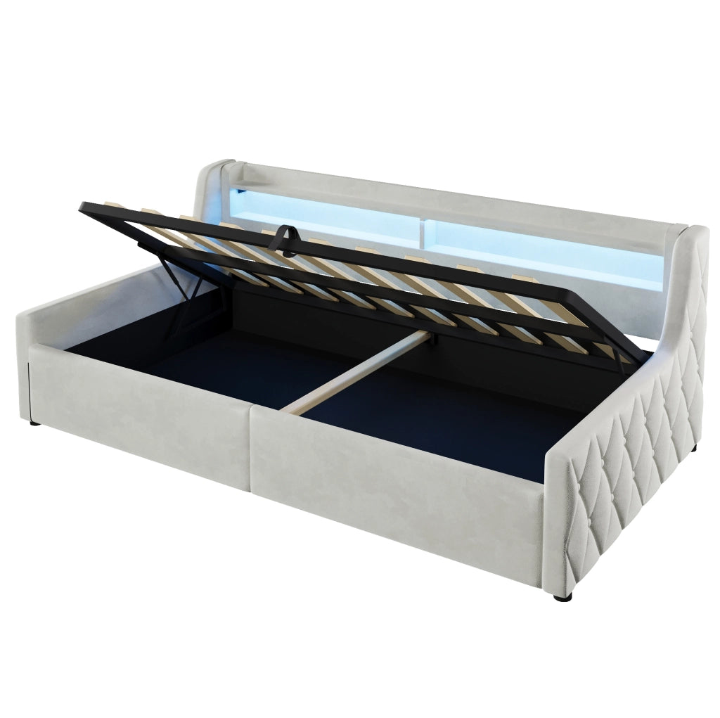 Letto singolo imbottito ULEVR 90x200 cm con vano contenitore idraulico e testiera LED multicolore, beige