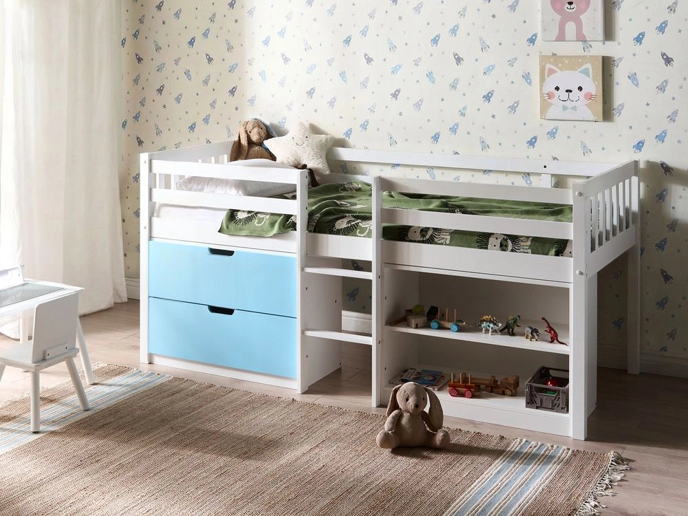 Letto per bambini bianco e blu in legno 90 x 200 cm con rete a doghe, cassetti e ripiani, letto per bambini piccoli