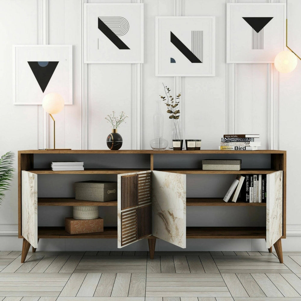 Consolle Jole, Credenza da soggiorno, Armadio basso per TV, Base parete attrezzata, 180x35 h79 cm, Noce e Bianco Marmo