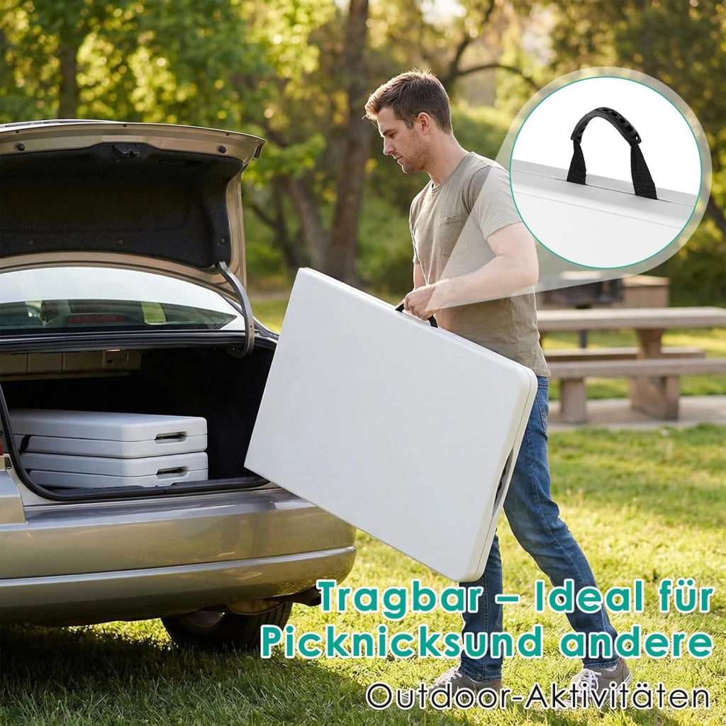 Set Tenda da Birra da 3 Pezzi 183cm, 1 Tavolo e 2 pcs Panche Pieghevoli, Set di Mobili da Giardino in Plastica HDPE, Set Birreria con Manico di Trasporto, per Campeggio Picnic Esterno, Bianco