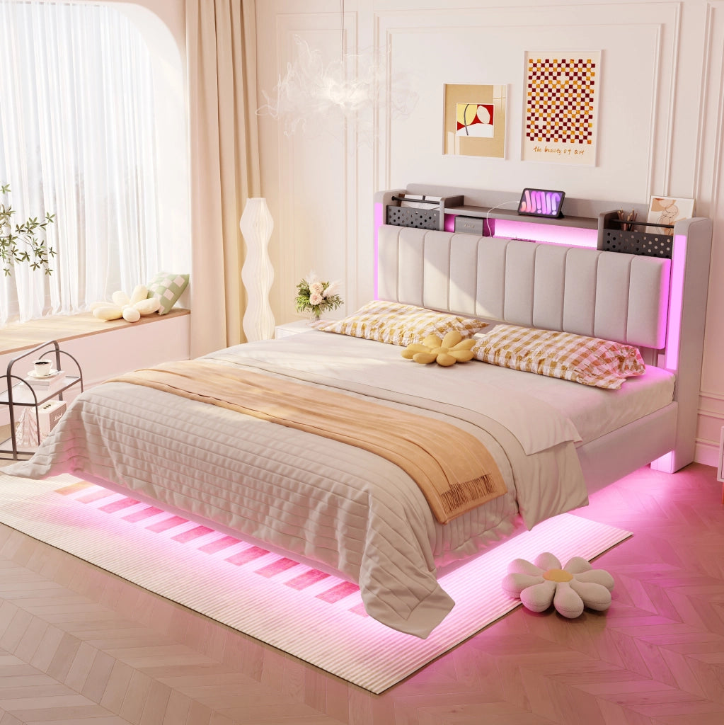 Letto imbottito 140x200 cm beige con LED, USB e contenitore