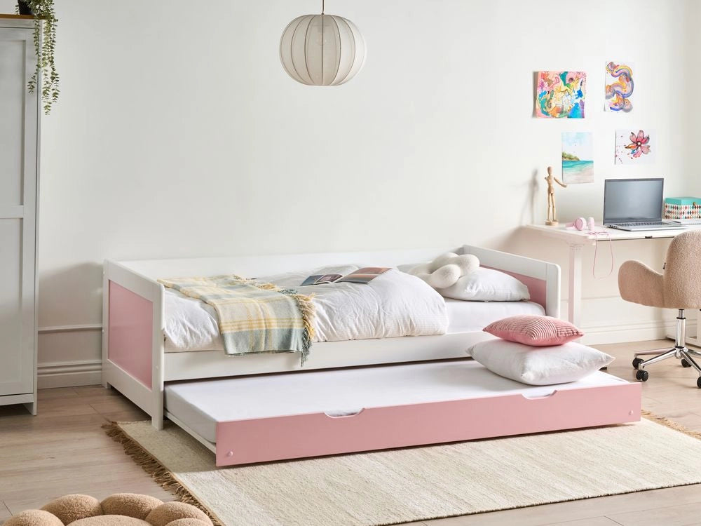 Letto a castello per bambini in legno di pino rosa struttura di dimensioni singole EU con telaio estraibile extra