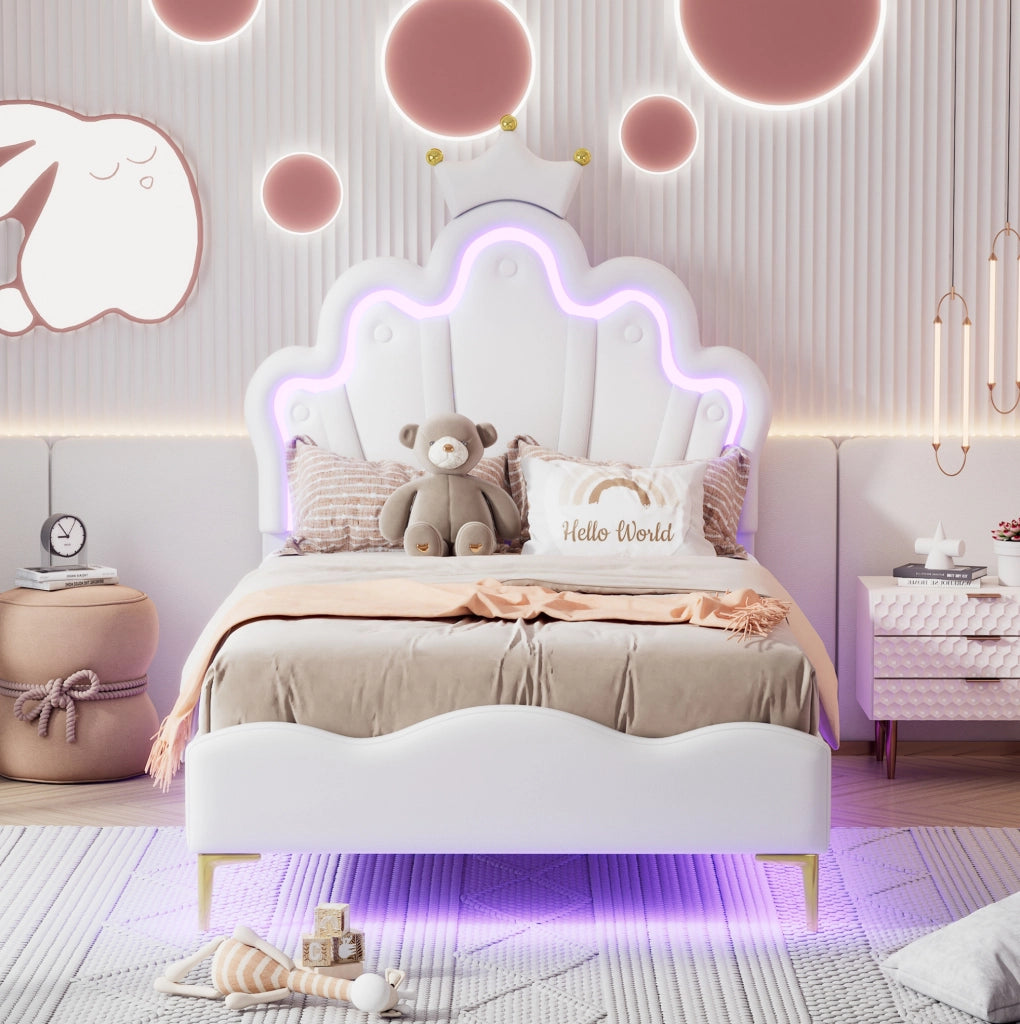 Letto singolo 90x200 cm a corona con LED, rivestimento in PU bianco