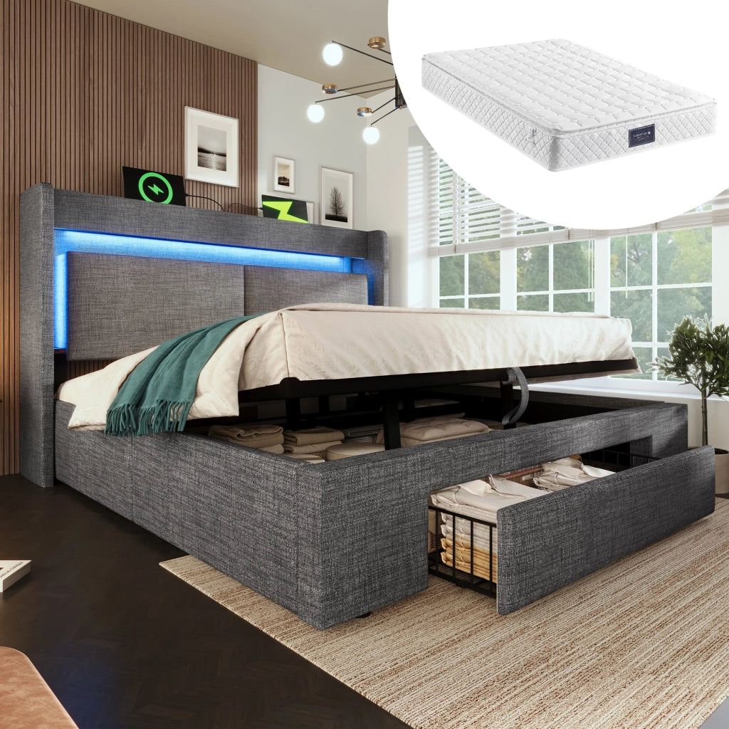 Letto imbottito in lino grigio 140x200 vano idraulico LED USB doghe con materasso