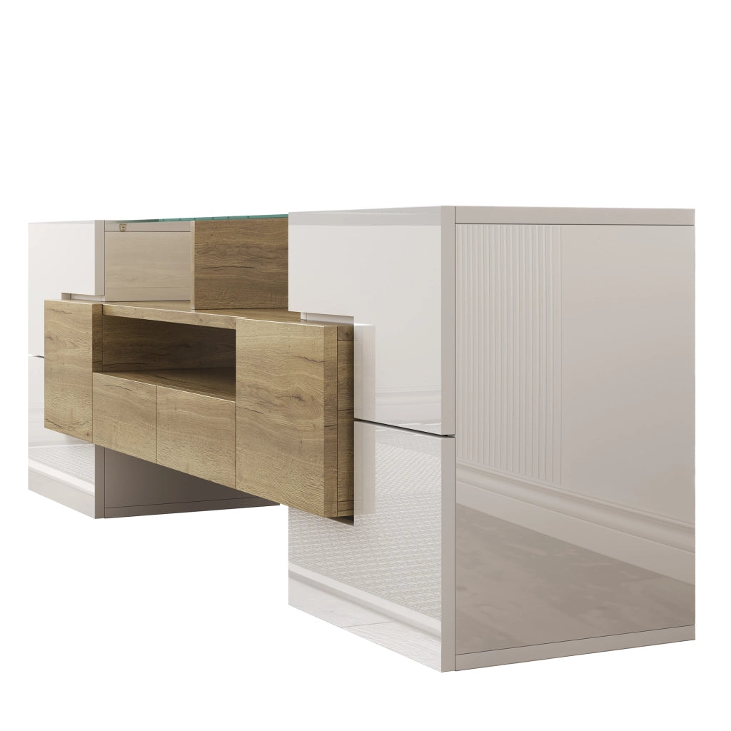 Mobile TV con 6 Ante; 2 Cassetti e LED Multicolore; Bianco Lucido e Oro; 145??30??51 cm; in Pannello Truciolare
