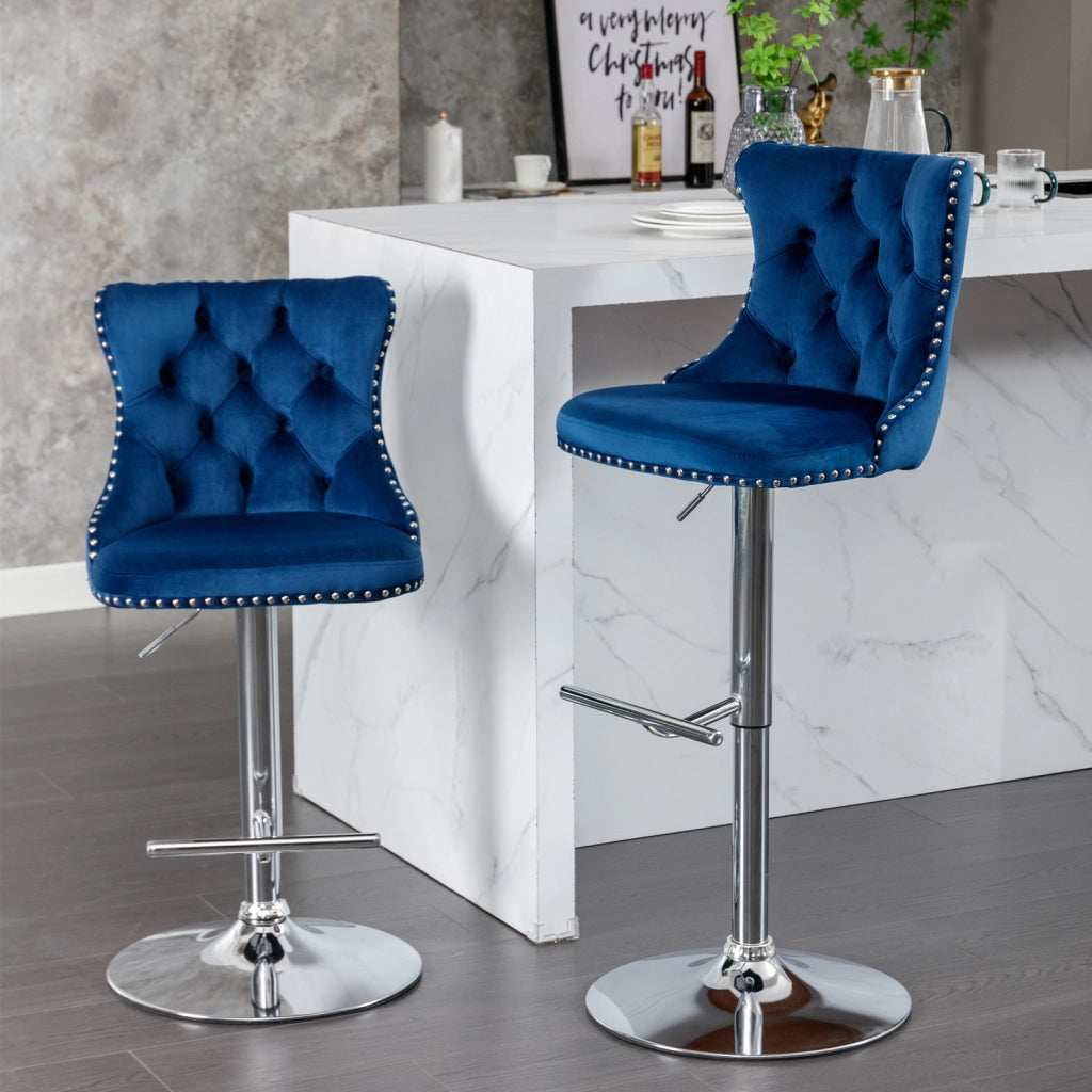 Set di 2 Sgabelli da Bar Girevoli con Altezza Regolabile; Schienale e Seduta Trapuntata; Velluto Blu
