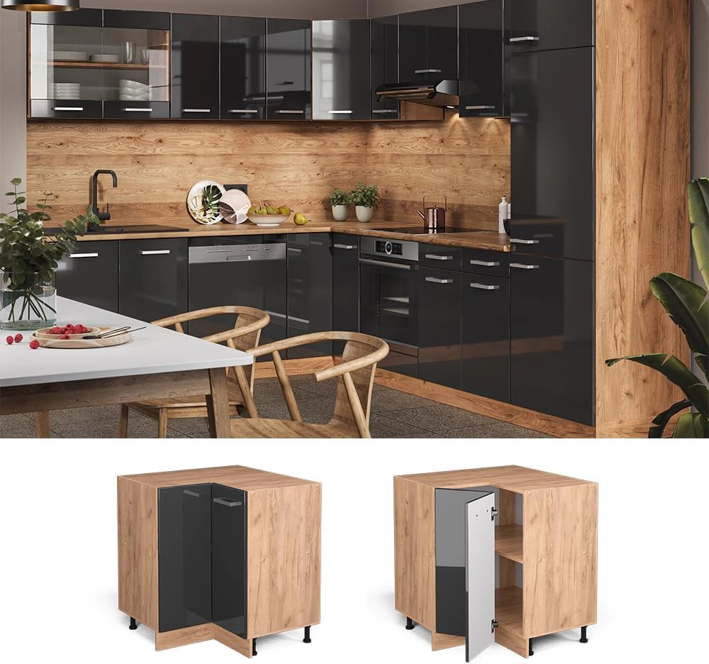 Mobile ad angolo cucina R-Line, Antracite lucido, 75.6 cm senza piano di lavoro, per la libera combinazione all'interno di sistemi cucina modulari
