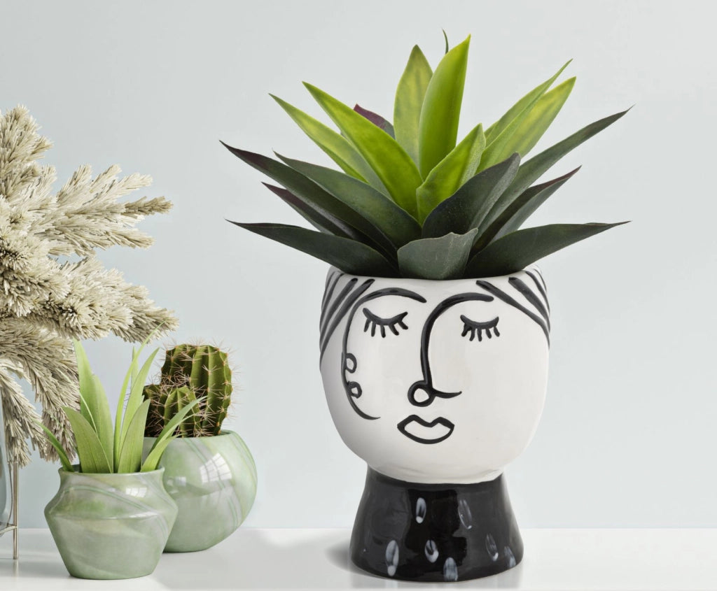 Vaso in porcellana bianco con disegno e base nero 14x18,2cm Pot Face