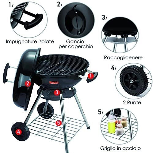 Sandrigarden 7880505 SG45K Barbecue a Carbone Sferico Diametro 45 cm 4 Gambe Acciaio Inox 2 Ruote Coperchio Acciaio Smaltato con Valvola Aerazione Griglia Cottura Smaltata colore Nero