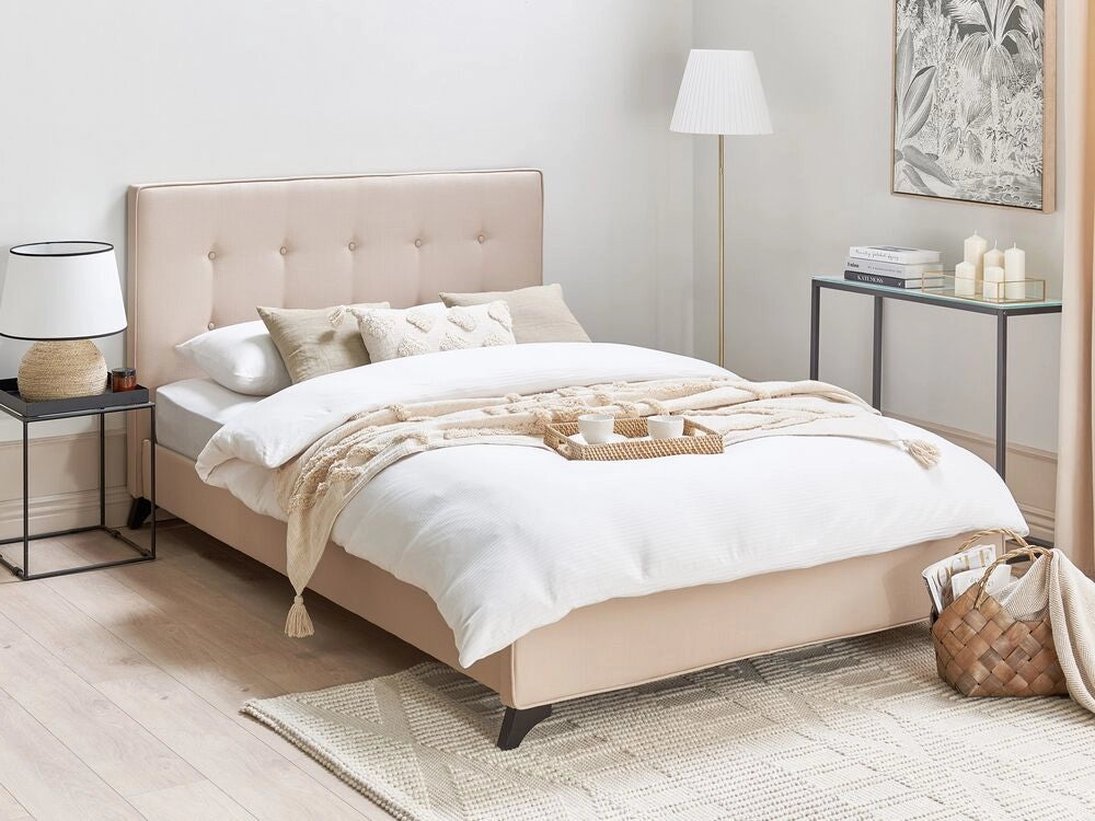 Letto Matrimoniale in Tessuto Beige Testiera Trapuntata 140 x 200 cm