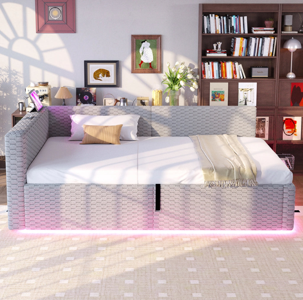 Letto imbottito multifunzione 90x200 cm in velluto grigio con contenitore; LED e porte USB