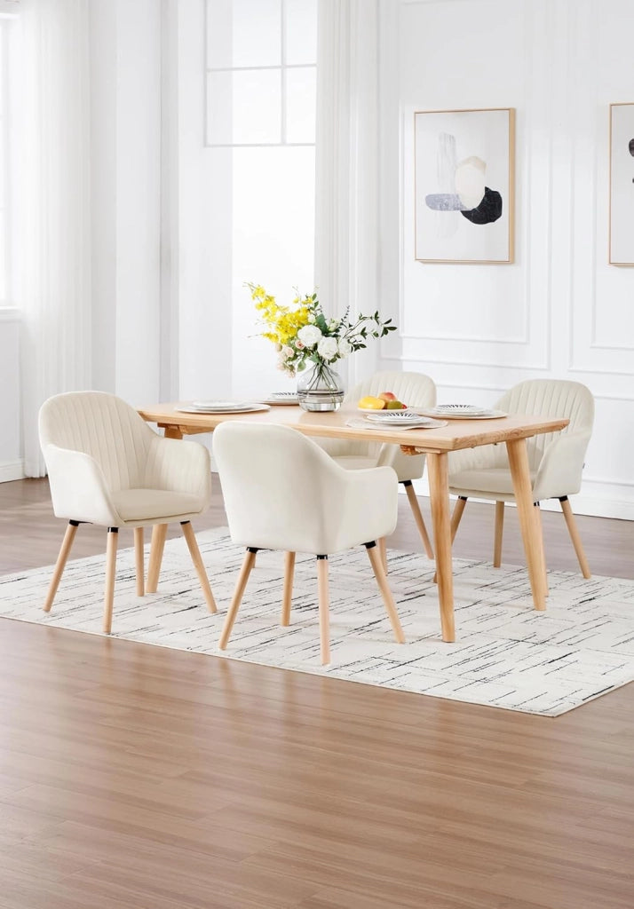 1Pz Sedia da Pranzo Poltroncina per Sala D'attesa Cucina Poltrona con Schienale Braccioli Tessuto in Velluto Gambe di Legno Crema BH95cm-1