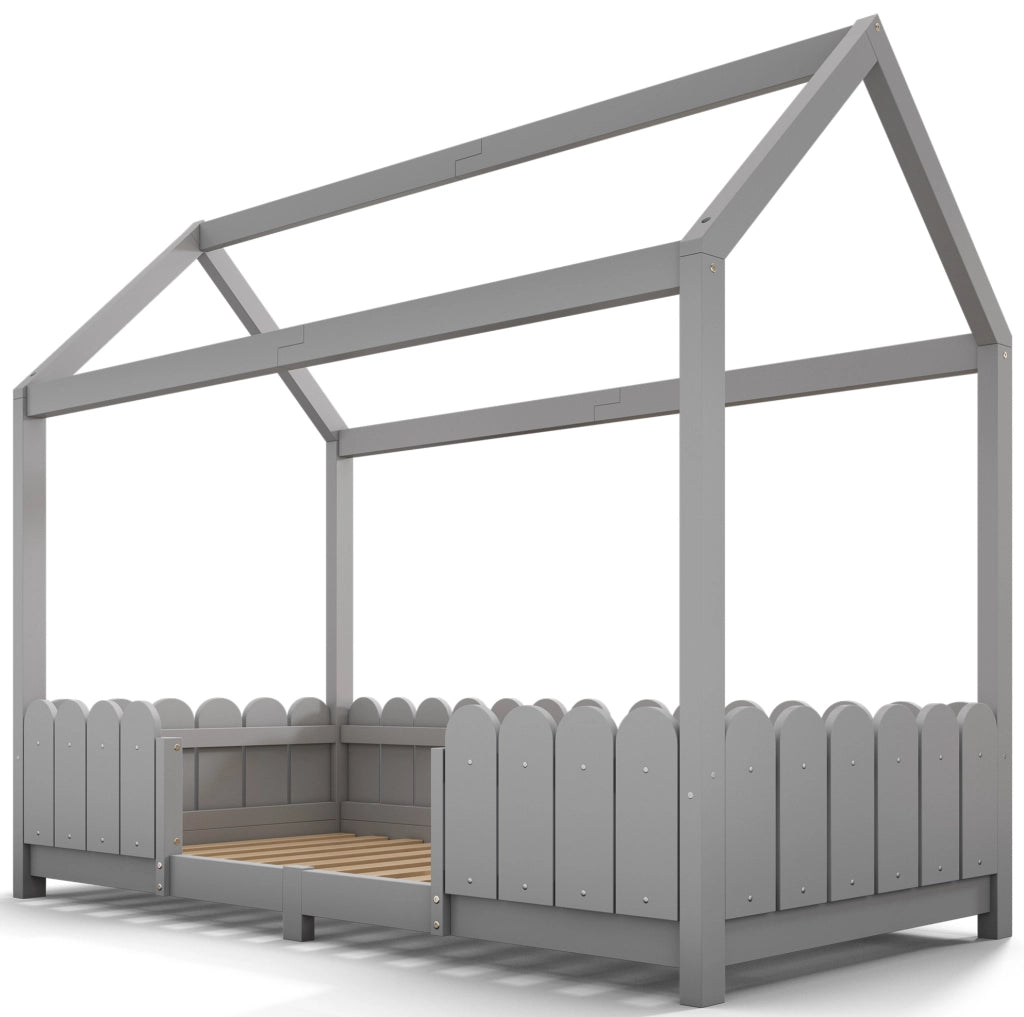 Letto a casetta per bambini 90x200 cm con barriera anticaduta e rete a doghe; in legno grigio