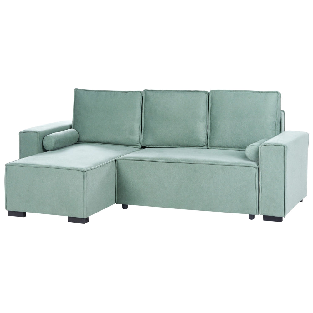Divano letto angolare a 3 posti con rivestimento in tessuto verde chiaro, lato destro, con braccioli contenitore reversibili, stile moderno per soggiorno