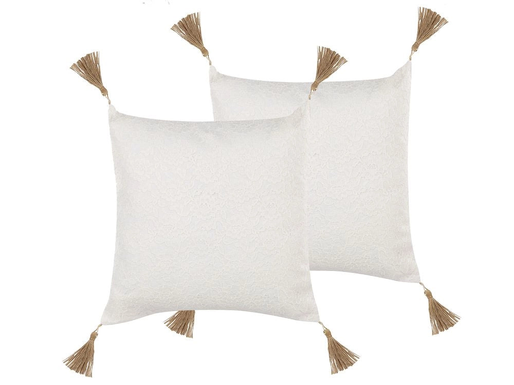 Set di 2 cuscini Decorativi Pizzo Bianco Motivo Floreale 45 x 45 cm con Nappe Accessori Decorativi