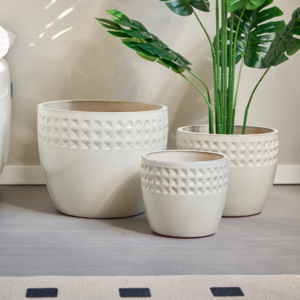 Fioriera a più livelli set di 3 vasi in ceramica con rilievo a nido d'ape per interno e balcone bianco crema