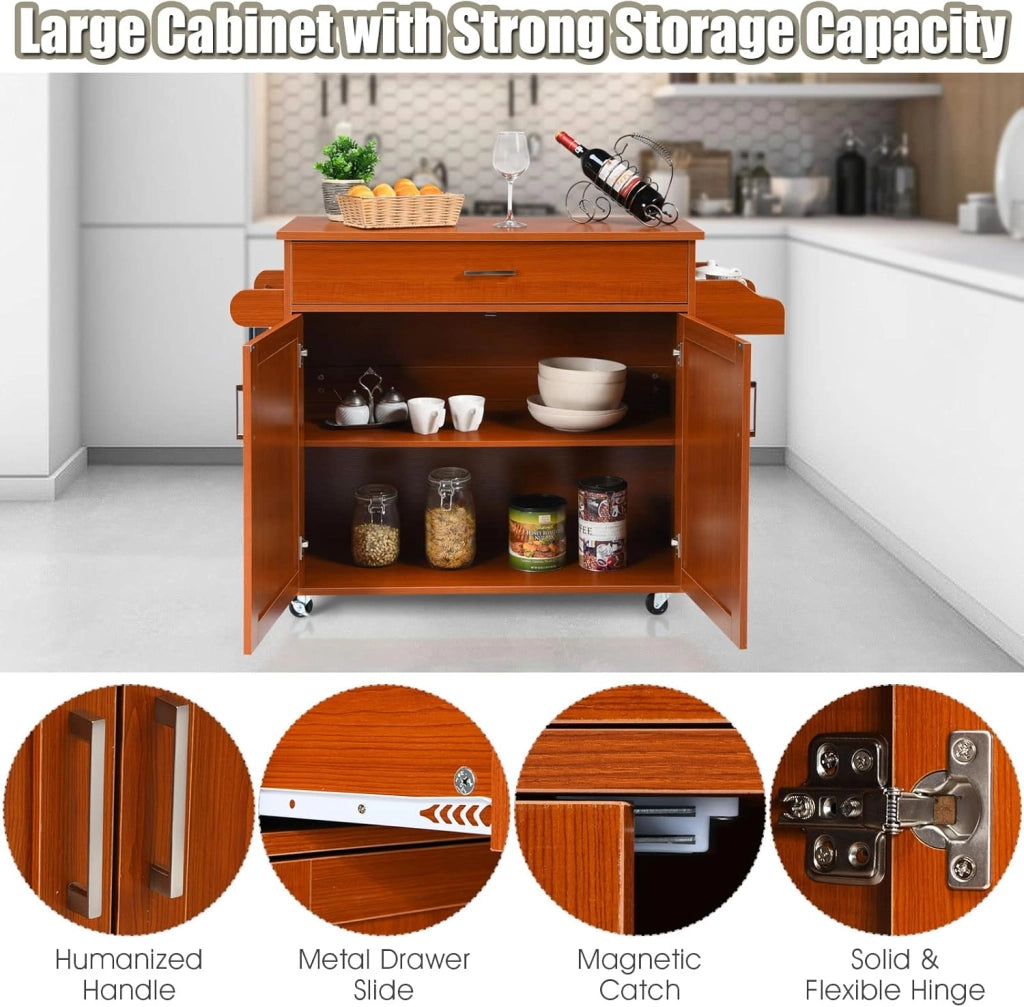 Carrello da Cucina, Credenza Mobile con Cassetto, Anta Doppia, Portaspezie e Portasciugamano, Ripiani Regolabili, Ruote con Freni, Portata di 50 kg, 116x40x85 cm, 4 Colori (marrone)