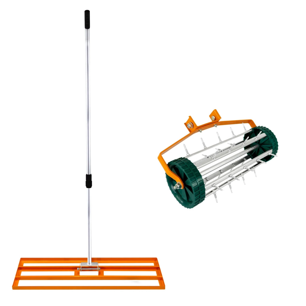 Set 2-in-1 Arieggiatore e Livellatore Prato - Arancione, Acciaio Zincato, Manico 2m