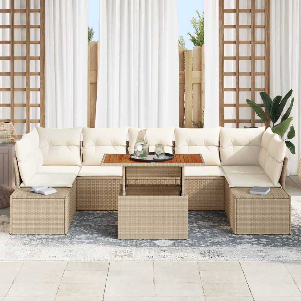 Set da pranzo da giardino 8 pezzi con cuscini color beige in rattan polipropilene e acacia